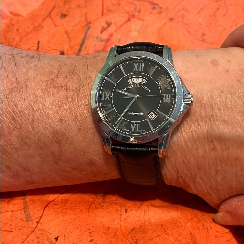Maurice Lacroix Black Dial Silver Case Leather Strap Watch